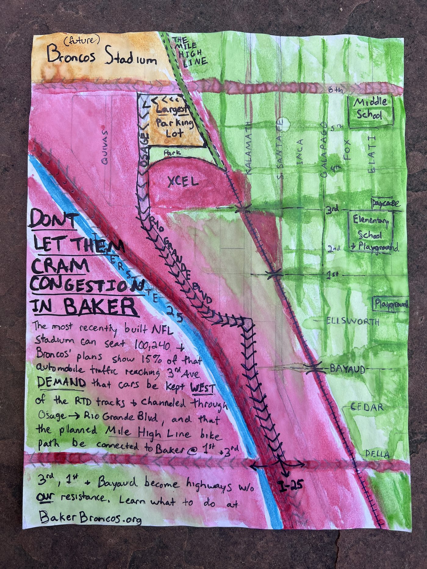 A hand-painted watercolor map of Baker. The future Broncos stadium sits at the top left. A route of arrows keeps stadium traffic west of the RTD tracks along Osage and Rio Grande Boulevard to I-25, away from 3rd, 1st and Bayaud. Handwritten text reads: Don't let them cram congestion in Baker. The most recently built NFL stadium can seat 100,240, and the Broncos' plans show 15% of their automobile traffic reaching 3rd Ave. Demand that cars be kept west of the RTD tracks and channeled through Osage to Rio Grande Blvd, and that the planned Mile High Line bike path be connected to Baker at 1st and 3rd.